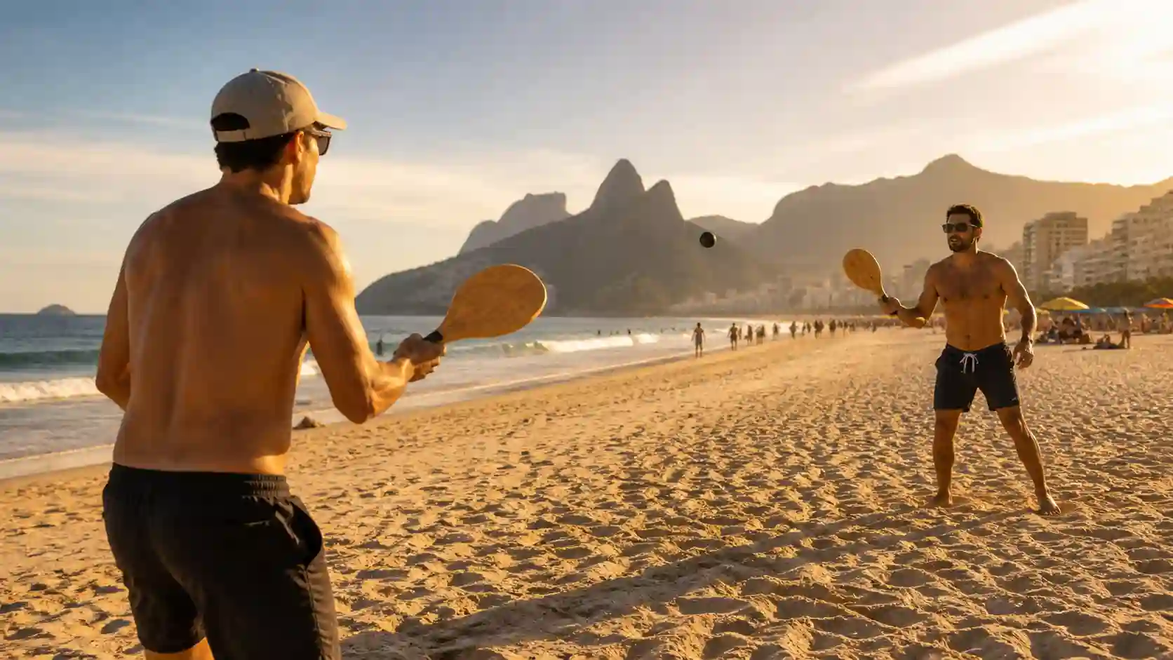 Dois jogadores de frescobol na praia brasileira rebatendo a bola com raquetes de madeira