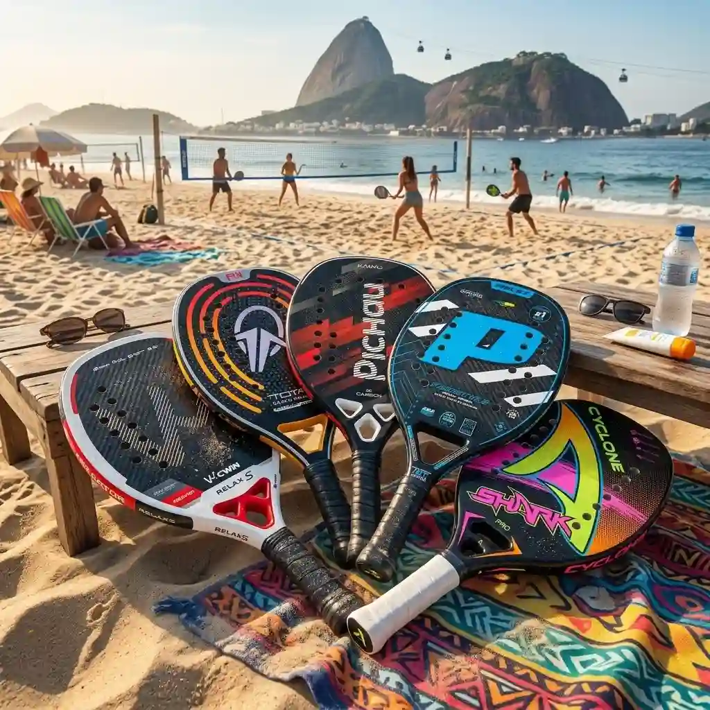 Cinco raquetes de beach tennis custo-benefício dispostas na areia