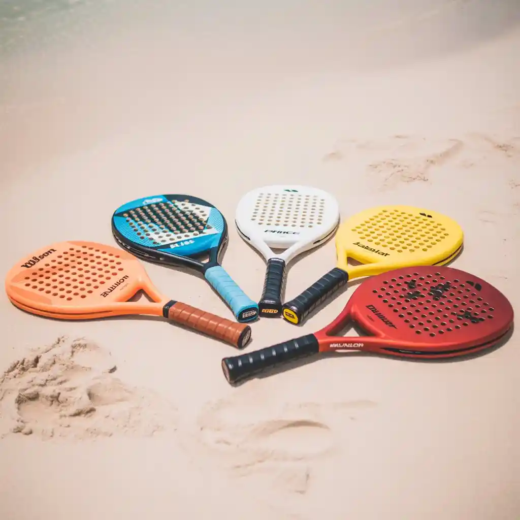 Cinco raquetes de beach tennis para iniciantes dispostas na areia com rede ao fundo